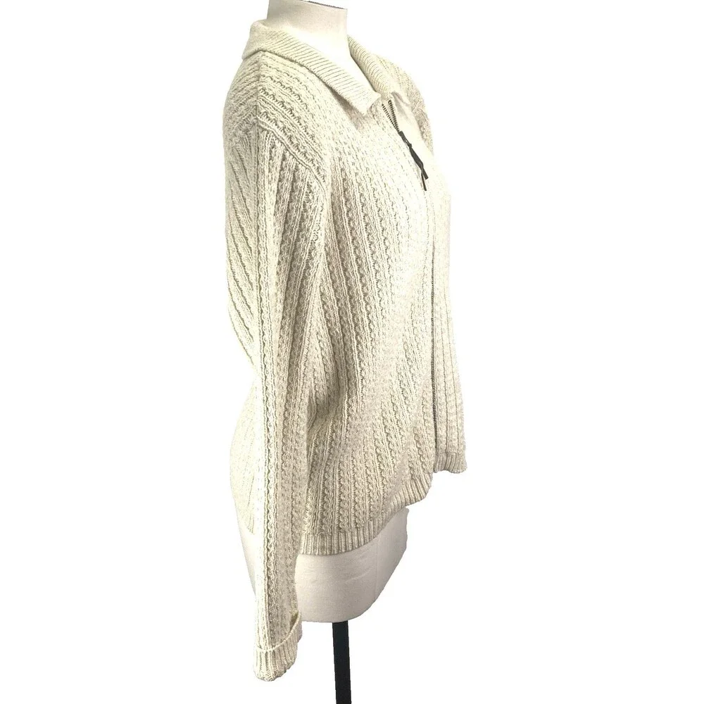 Jennifer Moore Women's Sweater Size M Ivory Open Knit Chunky Full Zip Collar LS
